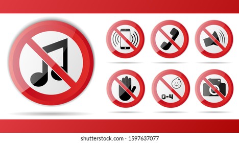 Set of Red Prohibition stop sign, warning, no entry, no access symbol, vector graphic illustration, isolated on white background with object music, phone, call, music, photo, camera, children