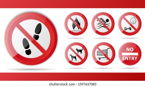 Set of Red Prohibition stop sign, warning, no entry, no access symbol, vector graphic illustration, isolated on white background with object walk, swimming, children, pet, dog, cat, trolley, flammable