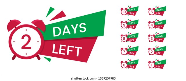 Set of red promo offer. Sale banner with countdown clock and text - 1 2 3 4 5 6 7 8 9 10 days to go. Sale tag with days to go words. Flat vector illustration