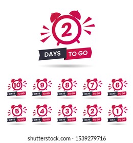 Set of red promo offer. Sale banner with countdown clock and text - 1 2 3 4 5 6 7 8 9 10 days to go. Sale tag with days to go words. Flat vector illustration