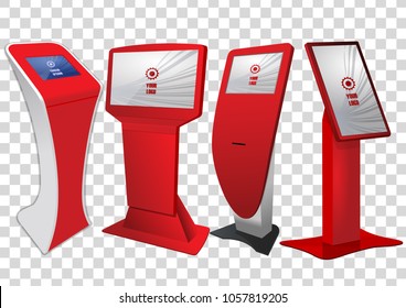 Set of red Promotional Interactive Information Kiosk, Advertising Display, Terminal Stand, Touch Screen Display isolated on transparent background. Mock Up Template