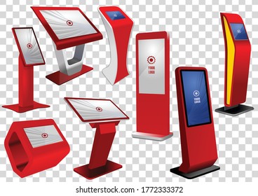 Set of red Promotional Interactive Information Kiosk, Advertising Display, Terminal Stand, Touch Screen Display. Mock Up Template.