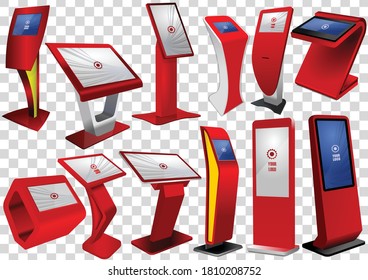 Set of red Promotional Interactive Information Kiosk, Advertising Display, Terminal Stand, Touch Screen Display. Mock Up Template.