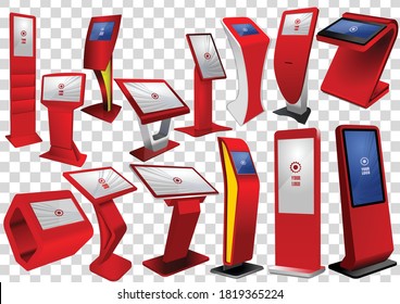 Juego de kiosko rojo de información interactiva promocional, pantalla publicitaria, soporte terminal, pantalla táctil. Plantilla de maqueta.