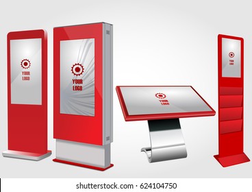 Set of Red Promotional Interactive Information Kiosk, Advertising Display, Terminal Stand, Touch Screen Display. Mock Up Template.