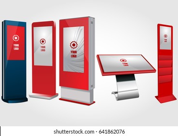Set of Red Promotional Interactive Information Kiosk, Advertising Display, Terminal Stand, Touch Screen Display. Mock Up Template.