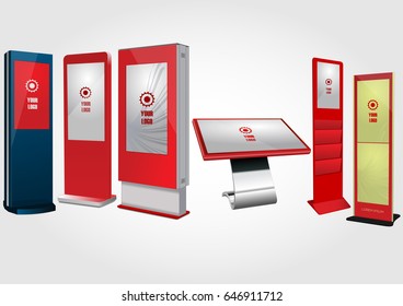 Set of Red Promotional Interactive Information Kiosk, Advertising Display, Terminal Stand, Touch Screen Display. Mock Up Template.