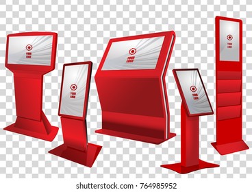 Set of red Promotional Interactive Information Kiosk, Advertising Display, Terminal Stand, Touch Screen Display isolated on transparent background. Mock Up Template.