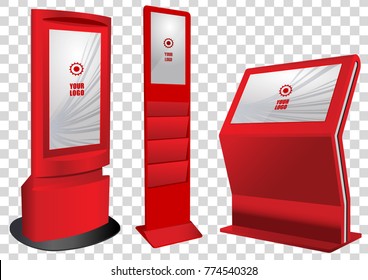 Set of red Promotional Interactive Information Kiosk, Advertising Display, Terminal Stand, Touch Screen Display isolated on transparent background. Mock Up Template