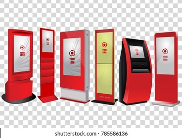 Set of Red Promotional Interactive Information Kiosk, Advertising Display, Terminal Stand, Touch Screen Display. Mock Up Template.
