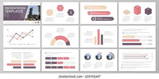 Conjunto de elementos vermelhos e roxos para slides de modelo de apresentação multiuso com gráficos e gráficos. Folheto, relatório corporativo, marketing, publicidade, design da capa do livro.