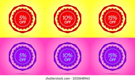 Set of Red and Purple Sale Badges. Vector Badge with Offer of Discount 5 10 15 Percent Off, surrounded by Twisted Ribbon, on the Yellow and Pink Background. Season Sale Banner