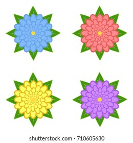 Set of red, purple, yellow, blue flowers with green leaves, isolated on white background. Four options. Suitable for design.
