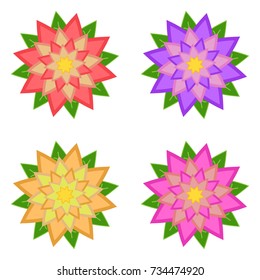 Set of red, purple, yellow, pink flowers with green leaves, isolated on white background. Four options. Suitable for design.
