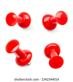 Set of red push pins. Different view. Thumbtacks ready for your design. Vector illustration isolated on white background. EPS10.