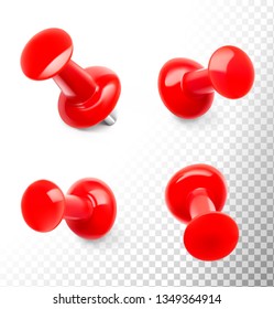 Set of red push pins. Different view. Thumbtacks ready for your design. Vector illustration isolated on white background. EPS10.	