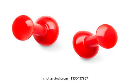 Set of red push pins. Different view. Thumbtacks ready for your design. Vector illustration isolated on white background. EPS10.