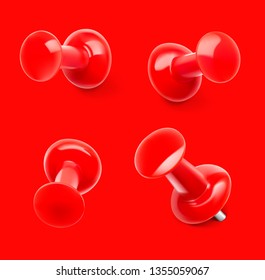 Set of red push pins. Different view. Thumbtacks ready for your design. Vector illustration on red background. EPS10.	
