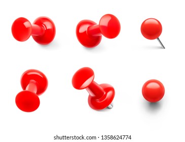 Set of red push pins. Different view. Thumbtacks ready for your design. Vector illustration isolated on white background. EPS10.	