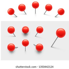 Set of red push pins. Thumbtacks ready for your design. Different angle view. Vector illustration isolated on white background. EPS10.