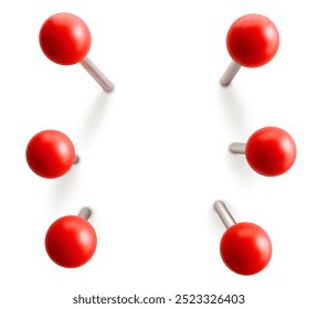 Conjunto de pinos vermelhos. Thumbtacks prontos para seu design. Ângulo de visão diferente. Ilustração vetorial isolada no plano de fundo branco