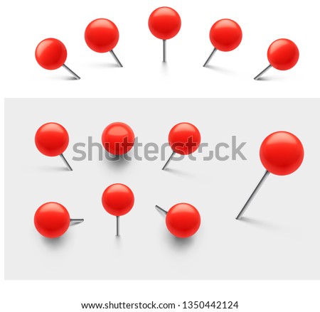Set of red push pins. Thumbtacks ready for your design. Different angle view. Vector illustration isolated on white background. EPS10.