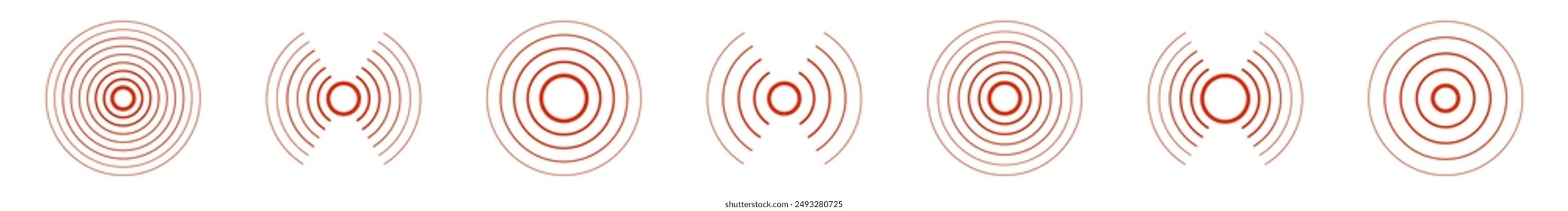 Set of red radar, sound waves vector icons with editable strokes