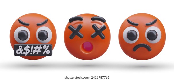 Set of red rage emoticons. Angry 3D vector faces. Obscene language, deadly furious, irritation. Symbols over mouth. Isolated icons for web communication