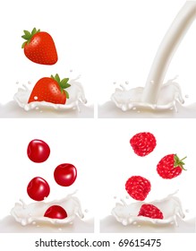 Set with red raspberry, strawberry and cherry fruits falling into the milk splash. Vector illustration