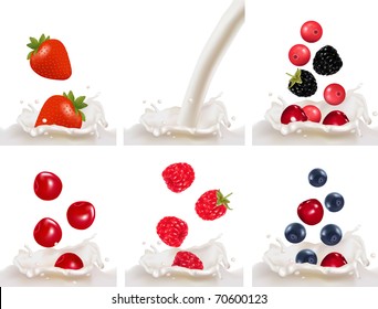 Set with red raspberry, strawberry and cherry fruits falling into the milk splash. Vector illustration