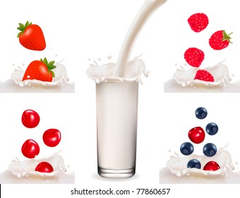 Set with red raspberry, strawberry and cherry fruits falling into the milk splash. Vector illustration