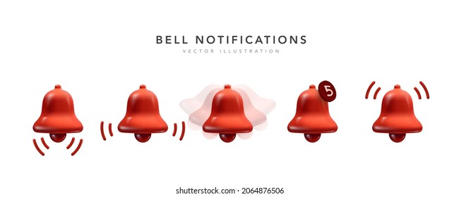 Set of red realistic 3d bell notification icons for new year. Bells icon with new message web chat isolated on white background. Vector illustration