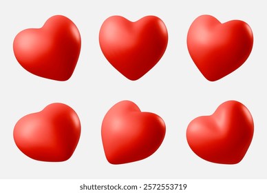 Set of red realistic 3D hearts icon in different angles isolated on white background. Perfect for romantic Valentines Day, Mother day, wedding or birthday greeting card Vector illustration love symbol