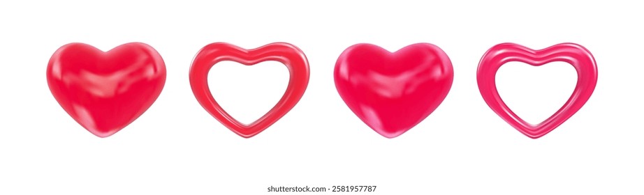 Set of red realistic 3d hearts. Symbol of love, romantic relationships. For design Valentines Day, wedding, romantic events. Vector Illustration