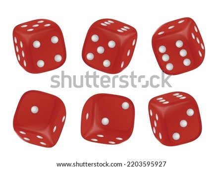 Set of red realistic cubic dices with different numbers of dots from one to six, vector illustration isolated on white background. Isometric view of various sides, board game element