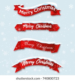 Set red realistic curved ribbon Merry Christmas banner isolated on snow background. Vector illustration.