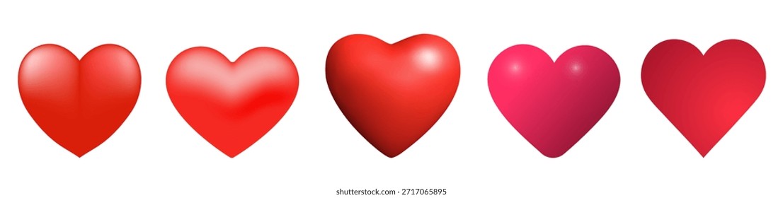 Conjunto de icono de corazones realistas rojos en diferentes ángulos aislados sobre fondo blanco. Perfecto para el día de San Valentín romántico, día de la madre, boda o cumpleaños tarjeta de felicitación Ilustración vectorial símbolo de amor