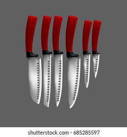 set of red realistic knife isolated on gray background. vector illustration