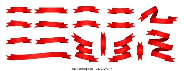 Set of red realistic vector ribbons, glossy realistic ribbon stickers, design elements, decorations.