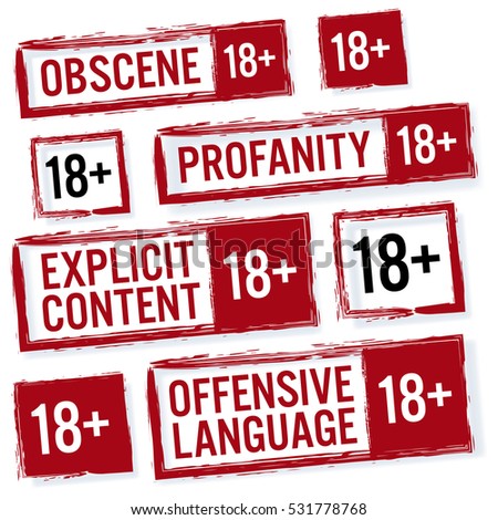 Set Of Red Rectangular Stamps Adults Only 18+. Grungy Icons Age 18+ Limit. Isolated On White Background. Profanity, Parental Advisory, Obscene, Offensive Language. Vector Illustration.