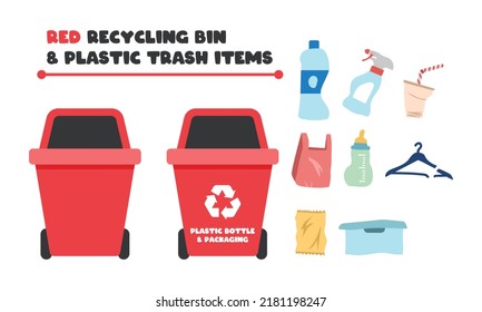 Set of red recycling bin and plastic trash garbage clipart. Simple red dustbin and plastic garbage items vector design. Plastic bag, cup, straw. Gargbage sorting clipart cartoon doodle drawing