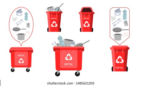 Set of red Recycling Bins, Containers and Buckets Vector For Metal Trash. Waste management. Opened And Closed. Different size and kind. Front View. Sign Arrow. Isolated Illustration