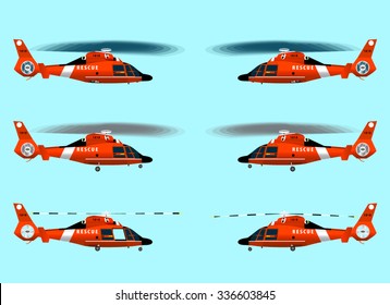 Set red rescue helicopters. Flying in the sky. Standing on the ground. With the landing gear retracted and released. Isolated objects. Coast security. Vector graphics