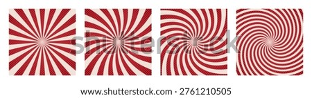 Set of red retro circus background with halftone dots. Vintage carnival pattern with radial swirl lines. Spiral red and beige rays. Comic sunburst effect. Psychedelic patterns. Vector illustration