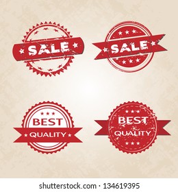 set of red retro style badges, tags with grunge texture