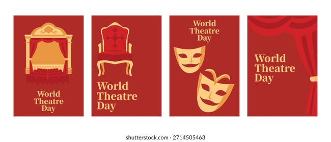 Conjunto de Anuncios de Web retro rojo para el Día Mundial del Teatro con símbolos de teatro que incluyen cortinas de escenario, máscaras, Vacantes y Elementos culturales clásicos