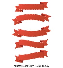 set of red ribbon banner with dashed line on white background vector, for label or flag illustration.