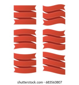 set of red ribbon banner with dashed line on white background vector, for label or flag illustration.