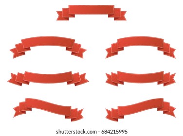 set of red ribbon banner with dashed line on white background vector, for label or flag illustration.
