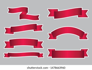 set of red ribbon banner icon with white stroke,ribbon vector banner, on gray background, Illustration set of red tape  svg